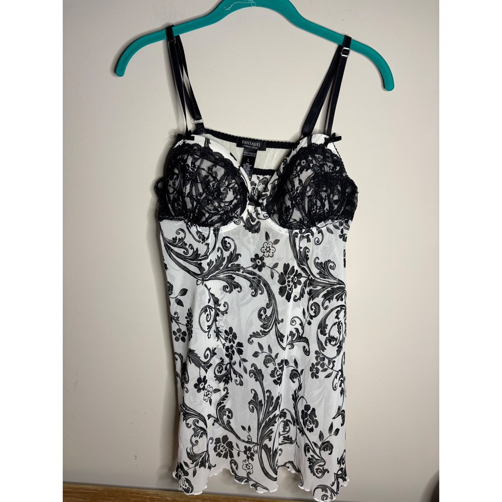 Morgan Taylor Fantasies Black White Floral Lace Trim Chemise Babydoll‎ Lingerie